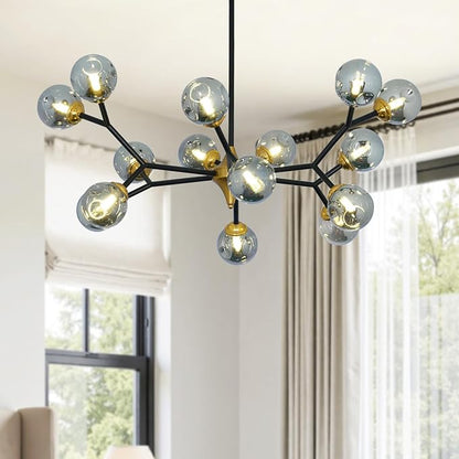 Depuley Glass Globe Sputnik Chandelier: 15-Light Modern Matte Black and Gold Ceiling Light Fixture - Vintage Hanging Chandeliers for Living Room Kitchen Dining Room Bedroom (Included G9 Bulbs)