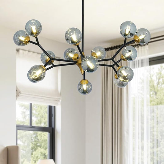 Depuley Glass Globe Sputnik Chandelier: 15-Light Modern Matte Black and Gold Ceiling Light Fixture - Vintage Hanging Chandeliers for Living Room Kitchen Dining Room Bedroom (Included G9 Bulbs)