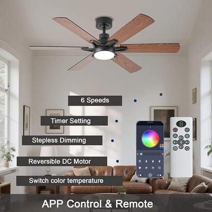 52in Ceiling Fans with Lights RGB Ceiling Fan with Light and Remote/APP Control,Low Profile Ceiling Fans with Lights for Bedroom,Living Room,Kids Room,3CCT Dimmable Modern Ceiling Fan, 6 Speeds,Brown