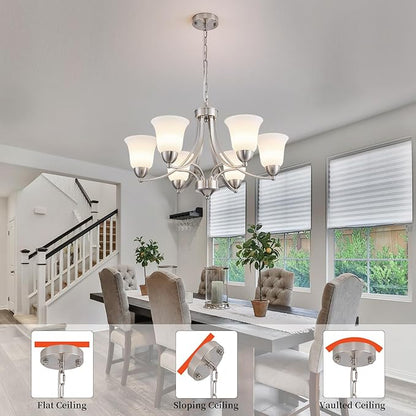 6 Lights Brushed Nickel Dining Room Light Fixture Farmhouse Modern Chandelier Pendant Light Silver Adjustable Ceiling Hanging Lighting with Frosted Glass for Kitchen Island Living Room Foyer