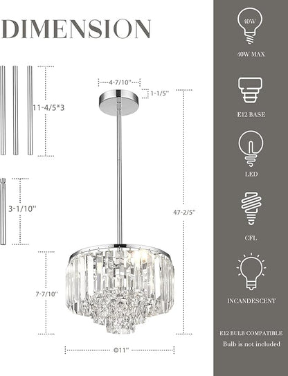 Crystal Chandelier, 4-Tier Modern Chandelier with Polished Chrome Finish, Pendant Light for Dinning Room Kitchen Island Bedroom Entryway, CC4215-3W-PC