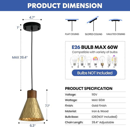 Modern Brass Pendant Lights Kitchen Island, Mid Century Dome Pendant Light, Small Industrial Hanging Pendant Lighting for Dining Room, Bedroom, Sink, Bar, 3 Pack