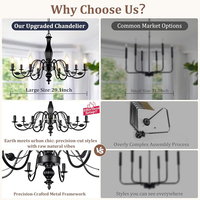 29" Large Black Chandelier for Dining Room, Modern Farmhouse 8-Light Light Fixture Hanging, Industrial Kitchen Lighting Fixtures with Leaf, Vintage Chandeliers Over Table for Bedroom Foyer Living Room