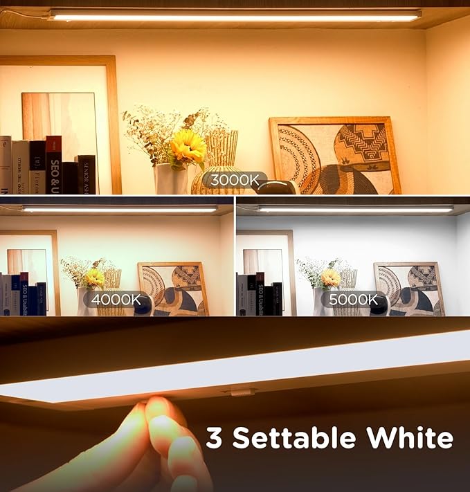 16 Inch Under Cabinet Lighting Plug in, 9W 120V 3 Color 3000K/4000K/5000K, 3 Brightness, Super Bright, Ultra Thin Under Counter Lights for Kitchen, Linkable LED Cabinet Light, White