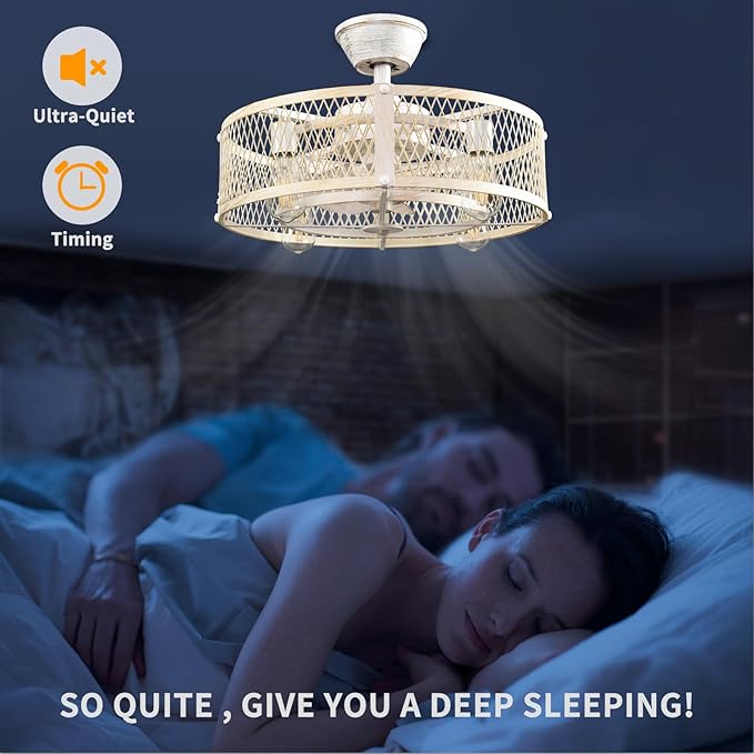 Depuley Outdoor Ceiling Fan with Light: 20" Caged Ceiling Fans with Remote Control for Patio Kitchen Bedroom - Farmhouse Fandelier Flush Mount Lights Fixture Reversible 6 Speed Timer Cement