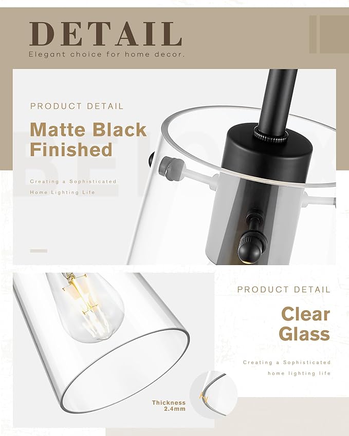 Beionxii Matte Black Pendant Light Fixtures, Pendant Lights Kitchen Island with Clear Glass, Modern Kitchen Pendant Lighting Over Island for Sink, Dining Room, Entryway, BX-PL03MB-CG