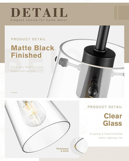 Beionxii Matte Black Pendant Light Fixtures, Pendant Lights Kitchen Island with Clear Glass, Modern Kitchen Pendant Lighting Over Island for Sink, Dining Room, Entryway, BX-PL03MB-CG