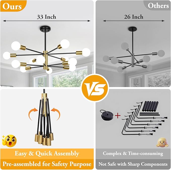 BesLowe 31'' 12-Light Modern Sputnik Chandelier, Mid Century Black & Gold Chandeliers Lighting, Farmhouse Ceiling Hanging Light Fixture for Dining Room Bedroom Room Kitchen Foyer, Height Adjustable