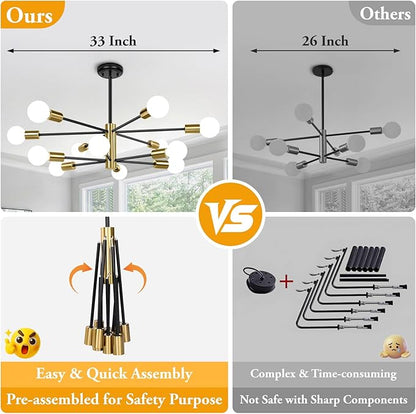 BesLowe 31'' 12-Light Modern Sputnik Chandelier, Mid Century Black & Gold Chandeliers Lighting, Farmhouse Ceiling Hanging Light Fixture for Dining Room Bedroom Room Kitchen Foyer, Height Adjustable