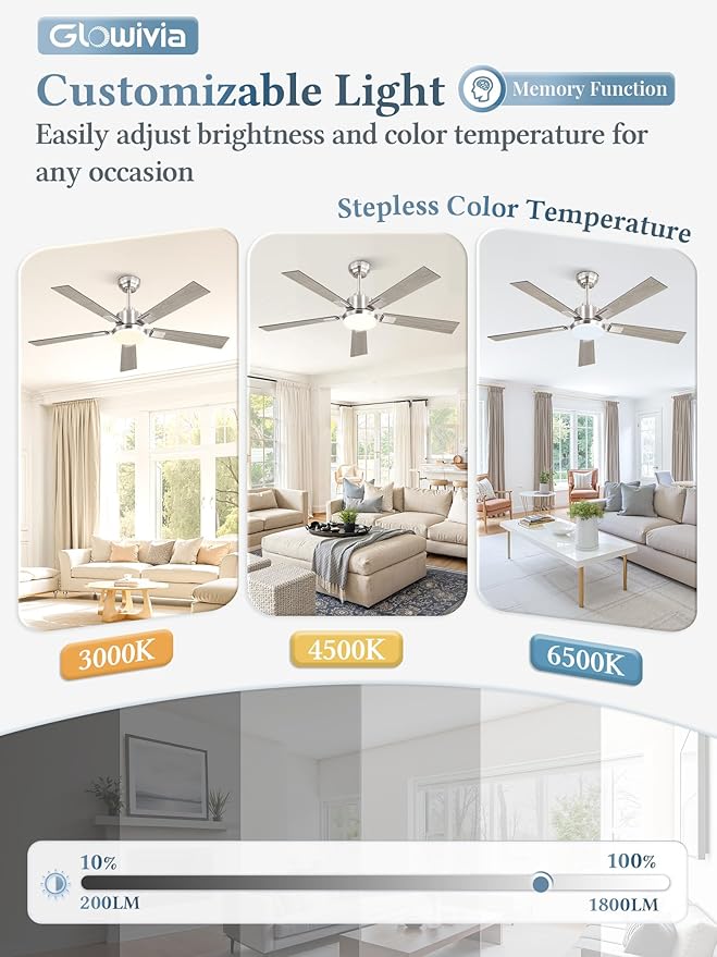 52 Inch Ceiling Fans with Lights and Remote&APP Control, Brushed Nickel Smart Ceiling Fan with 3000-6000K Dimmable, 6 Speeds Reversible, Indoor/Outdoor Ceiling Fan for Bedroom Living Room