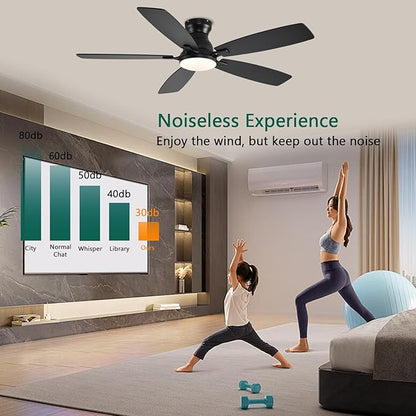 NKPU Ceiling Fans with Lights, Low Profile Ceiling Fan with Light and Remote/APP Control, DC Motor, Noiseless, Flush Mount, 52inch Black Ceiling Fan for Bedroom Indoor/Outdoor Use