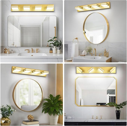 Modern LED Bathroom Lights Fixtures 4-Light,Metal Gold Acrylic Wall Lighting,Vanity Lights for Bathroom Over Mirror 6000k 27in
