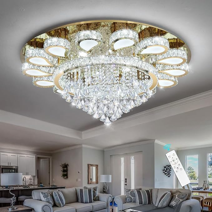 HAIXIANG Glam Crystal Chandelier for Living Room Dining Room Lights Sloped Ceiling Light Fixtures Luxury Modern Remote Dimmbale Lighting Gold 40 Inches