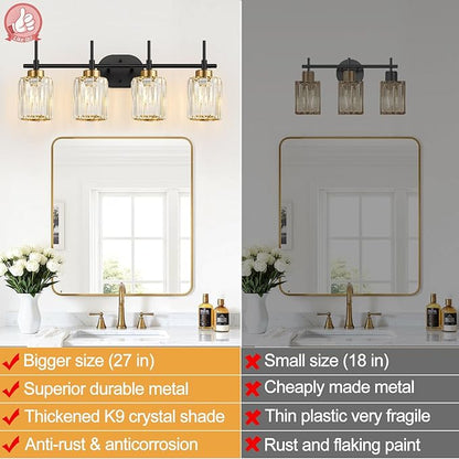 Modern Crystal Bathroom Vanity Light, 4-Light Black and Gold Bathroom Light Fixtures, Clear K9 Crystal Shades, Adjustable Up/Down Mount, E26 Base Wall Sconce (Bulbs Not Included)
