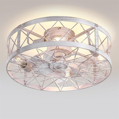 24" Flush Mount White Caged Ceiling Fans with Lights, Rustic Low Profile Ceiling Fan with Light and Remote, Quiet Reversible DC Motor Bladeless Enclosed Ceiling Fan for Bedroom Kitchen Farmhouse