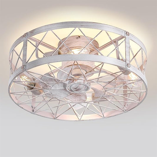 24" Flush Mount White Caged Ceiling Fans with Lights, Rustic Low Profile Ceiling Fan with Light and Remote, Quiet Reversible DC Motor Bladeless Enclosed Ceiling Fan for Bedroom Kitchen Farmhouse