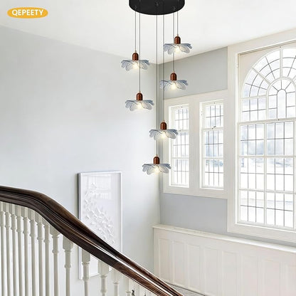 6-Light Blue Glass Flower Chandelier, Adjustable Height Staircase Pendant Light, Modern Mid Century Floral Hanging Ceiling Fixture for Living Room Dining Room Foyer Entryway