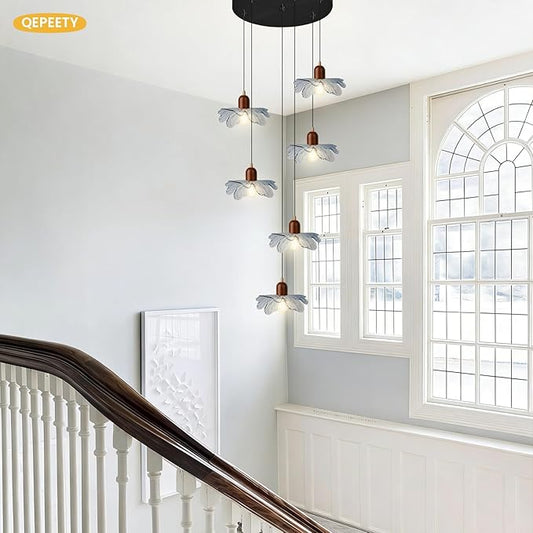 6-Light Blue Glass Flower Chandelier, Adjustable Height Staircase Pendant Light, Modern Mid Century Floral Hanging Ceiling Fixture for Living Room Dining Room Foyer Entryway