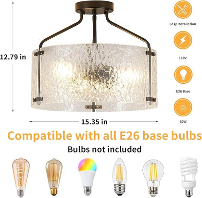 Semi Flush Mount Ceiling Light Fixture 16''Glass Chandelier Kitchen Lighting Fixtures Ceiling 3-Light Black Chandelier Hallway Light Fixture for Foyer Porch Bedroom Laundry Room