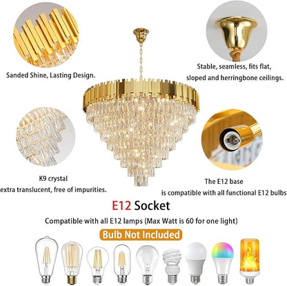 Gold Crystal Chandelier 40” 8-Tier Modern Round K9 Crystal Ceiling Light, Height Adjustable 16-Light Luxury Pendant Lighting for High Ceiling Dining Room Living Room Foyer Staircase