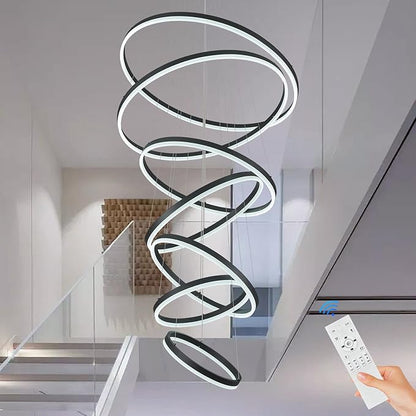 7-Rings D31.5’’ Modern LED Chandelier Black Dimmable High Ceiling Chandeliers Foyer with Remote Control for Staircase Entryway Dining Room Living Room, 3000K-6500K