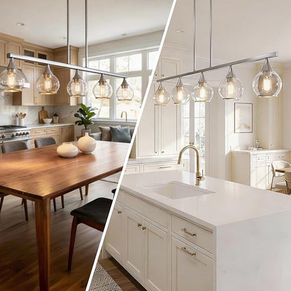 Kitchen Island Linear Pendant Light, 5-Light Modern Chandelier with Clear Glass Globe Shades, Linear Lighting Fixture Over Dining Table, Brushed Nickel