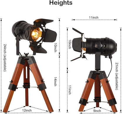 Decoluce Industrial Tripod Floor Table Lamp Vintage Wood Cinema Searchlight Standing Lighting Fixtures Nautical Spotlight Decorations-Not Include E26 Bulbs (Cinema)