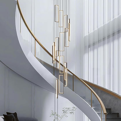 Modern Adjustable Height Pendant Light Fixture Black 288W LED Pendant Lights 16 Rings Rectangular Chandelier Staircase Large Chandelier Lobby Living Room Foyer High Ceiling Chandeliers