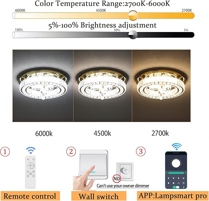 20'' Black Modern Crystal Chandelier LED Dimmable Flush Mount Crystal Ceiling Light for Living Room Bedroom Dining Room