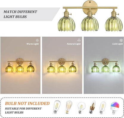 Shenmoyl Bathroom Light Fixtures, 3-Light Brass Vanity wall Light Over Mirror with Green Tulip Glass Shade for Bedroom Living Room (Bulb Not Included)