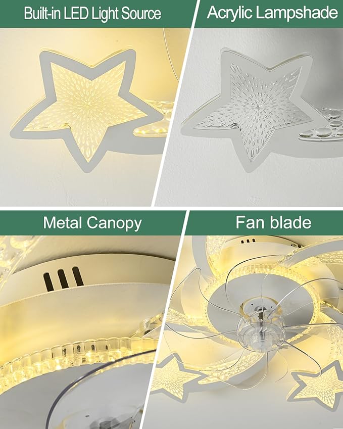 Yfrest Modern Ceiling Fan with Lights Remote Control, White Star Ceiling Fan with Light APP Control, 6 Speeds 3 Light Color Low Profile Ceiling Fan for Kitchen Bedroom