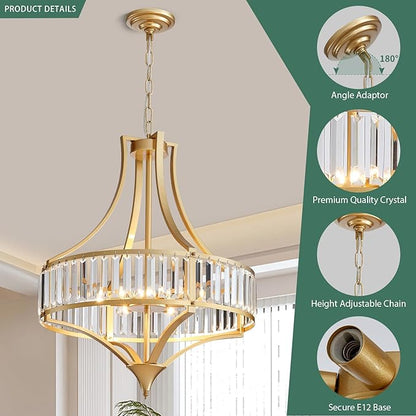 Modern Gold Crystal Chandelier, 6-Light Round Pendant Lighting Fixtures, 21.6" Height Adjustable Ceiling Light for Living Room, Kitchen, Dining Room