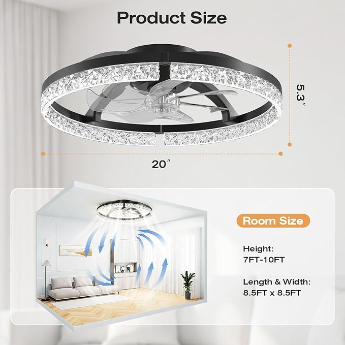 StarryEver 20" Low Profile Ceiling Fans with Light, 3000-6500K Dimmable Flush Mount LED Fan Light with Remote and 6 Speeds Fan, Modern Ceiling Fans for Bedroom, Living Room, Kids, Kitchen, Black