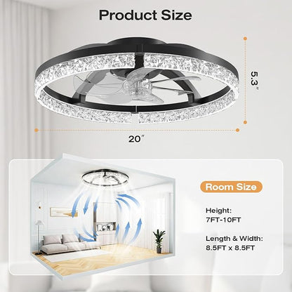 StarryEver 20" Low Profile Ceiling Fans with Light, 3000-6500K Dimmable Flush Mount LED Fan Light with Remote and 6 Speeds Fan, Modern Ceiling Fans for Bedroom, Living Room, Kids, Kitchen, Black
