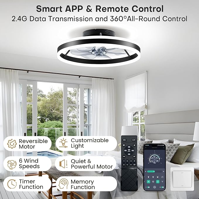 Ceiling Fans with Lights and Remote, 20" Low Profile Flush Mount Ceiling Fan, Pre-Assembled Design, Quiet DC Motor, 6 Wind Speeds, Dimmable 2700-6500K LED Light, Modern Ceiling Fan for Bedroom (Black)