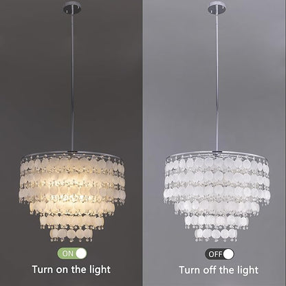 TOCHIC Modern Capiz Shell Crystal Chandelier 6-Light Chrome Coastal Chandelier for Living Dining Room Bedroom Nuture Seashell Boho Semi Flush Mount Ceiling Light Fixture for Kitchen Island Foyer