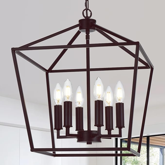 MELUCEE 16 Inches Farmhouse Chandelier 6-Light Oil Rubbed Bronze Cage Hanging Lights Rustic Lantern Pendant Lighting for Kitchen Island Dining Room Foyer Hallway, E12 Base