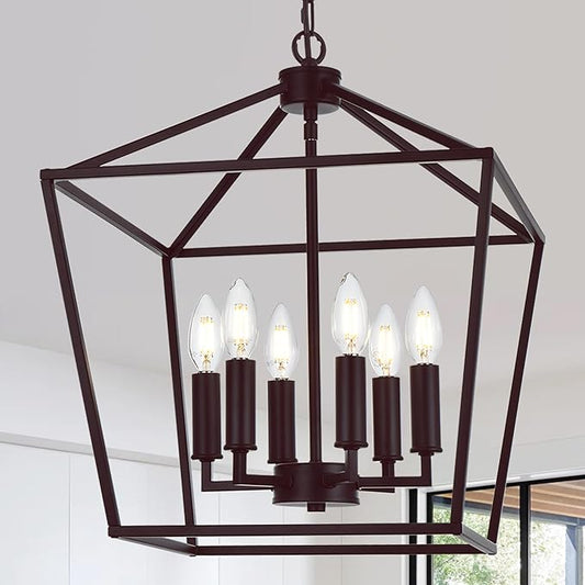 MELUCEE 16 Inches Farmhouse Chandelier 6-Light Oil Rubbed Bronze Cage Hanging Lights Rustic Lantern Pendant Lighting for Kitchen Island Dining Room Foyer Hallway, E12 Base