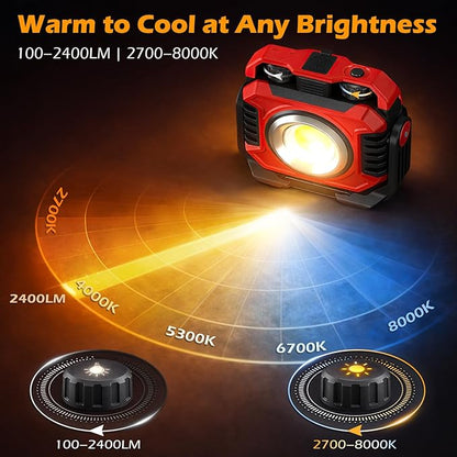 Samyoung 2-Pack 2400LM Magnetic Rechargeable Work Light, Dual-Sided LED Work Light, Up to 80 Hours Runtime, Stepless Dimming 2700K-8000K, Magnetic Flashlight with 360° Rotating Stand, Hook, Red