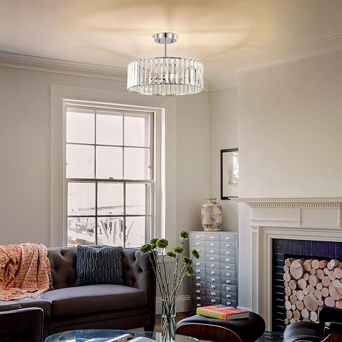 YURNYQ Chrome Crystal Ceiling Light Fixture, Modern Semi Flush Chandelier, Round Hanging Lighting Chandeliers for Dining Room, Kitchen, Bedroom, 3-Light, 15.74 Inch
