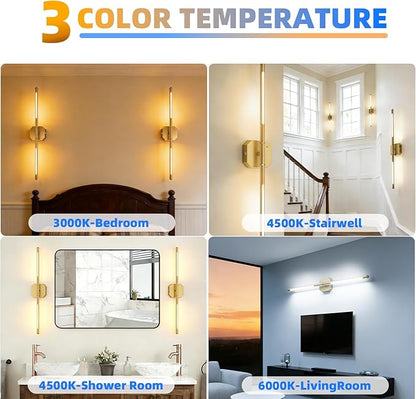 Rechargeable Wall Sconce Set of 2, 35Hrs+ Battery Operated Wall Lights, Wireless Wall Sconce with Remote, 360° Rotatable, Dimmable 3 Color LED Cordless Wall Sconce for Bedroom, Living Room, 27in Gold