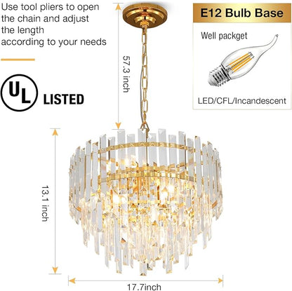 Gold Copper Crystal Chandelier Lighting 17.7'' for Dining Rooms Bedroom Foyer Entryway Ceiling Hanging Pendant Chandelier Light Fixture Lamp