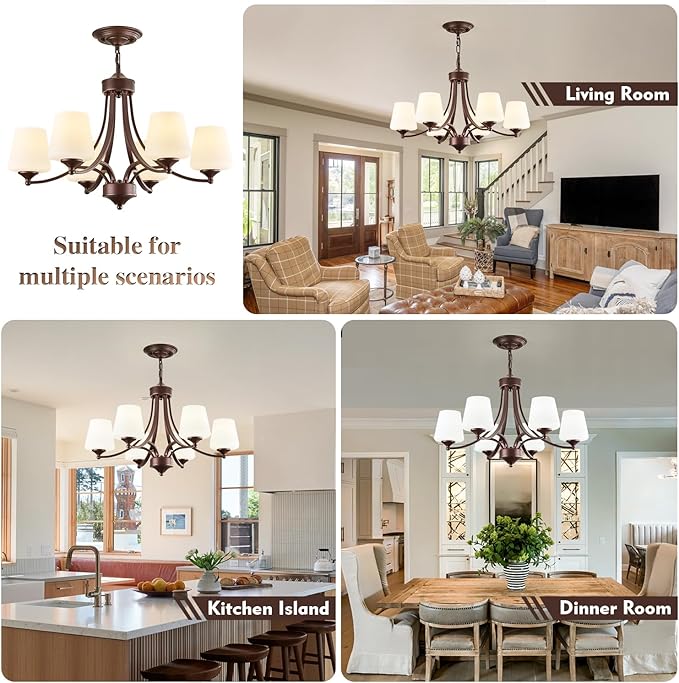 Oil-Rubbed Bronze Farmhouse Chandelier for Dining Room Hanging Lighting Fixtures 6-Light Chandelier with Frosted Glass Shade, Rustic Pendant Light for Kitchen Island Adjustable Height 47.2’’