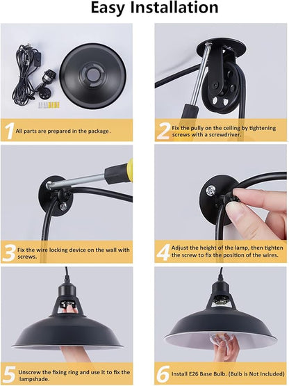 Lomoky Plug in Pulley Pendant Light with 14.76ft Cord On/Off Switch, Industrial Barn Black Hanging Lights with Plug in Cord, Pulley Wall Pendant Lamp for Kitchen Island, Pool Table, Bedroom, 1 Pack