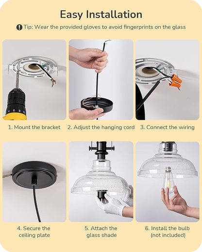 EDISHINE Farmhouse Pendant Lights Kitchen Island, Clear Seeded Glass Shade Hanging Light with Matte Black Finish, Modern Pendant Light Fixtures with Open Shade, Over Island Bar,E26 Base