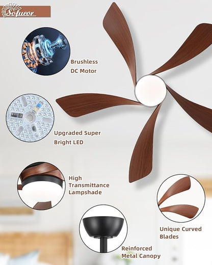 Sofucor 45" Smart Ceiling Fan, Indoor/Outdoor Ceiling Fans with Lights and Remote, Compatible with Alexa/Google/App, 3-Color Light 6-Speed Timing Reversible DC Motor for Bedroom Living Room Patio