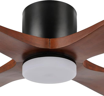 WINGBO 54 Inch Flush Mount DC Ceiling Fan with Lights and Remote, 4 Reversible Carved Wood Blades, 6-Speed Noiseless DC Motor, Hugger Ceiling Fan in Matte Black Finish with Walnut Blades