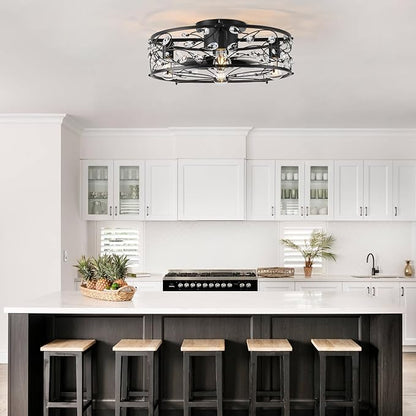 Garwarm 20in Caged Ceiling Fan with Light,Rustic Industrial Ceiling Fans with Lights and Remote,Bladeless Black Fandelier Ceiling Fan,Flush Mount Fan Lights for Kitchen,Bedroom（6 Speed,Timing）