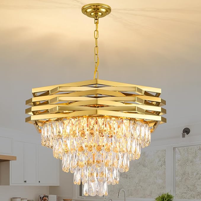 Gold Modern Crystal Chandelier 24" Round Chandeliers for Dining Room K9 5 Tiers Ceiling Pendant Light Fixtures Large Flush Mount Chandelier for Living Room Entryway Foyer Staircase
