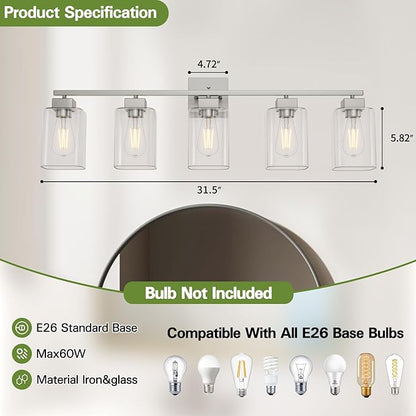 5 Light Bathroom Vanity Light - Brush Nickel Bathroom Light Fixtures Square Design & UL Certification, 31 Inch Long Light Fixtures Over Mirror for Bedroom & Restroom